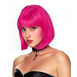 Women's Hot Pink 12 Inch Short Straight Halloween Costume Cosplay Wigs